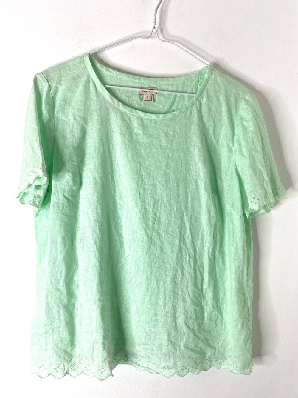 J. Crew 100% Linen Mint Green Scallop Hem Eyelet Detail Short Sleeve Top